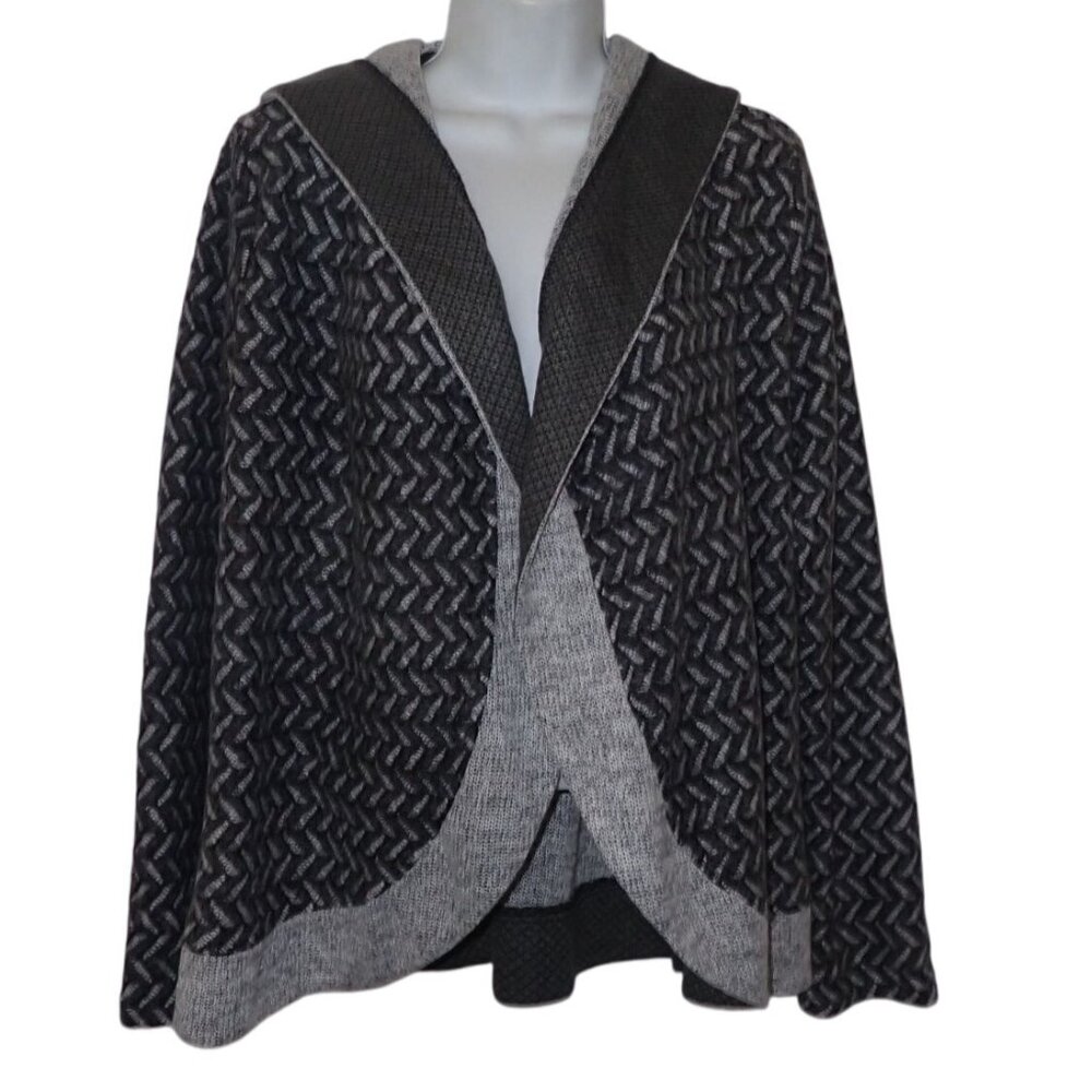 Mystree Open Cardigan Sweater women M Gray Hooded Herringbone Knit‎ Boho Casual